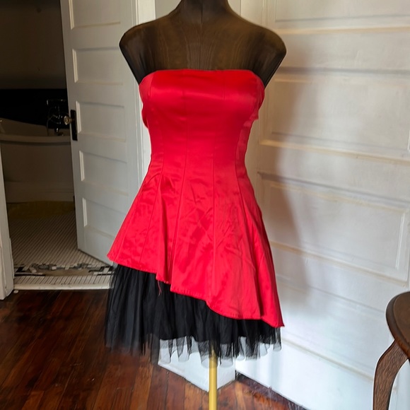Red and Black Satin Strapless Dress - Picture 1 of 4